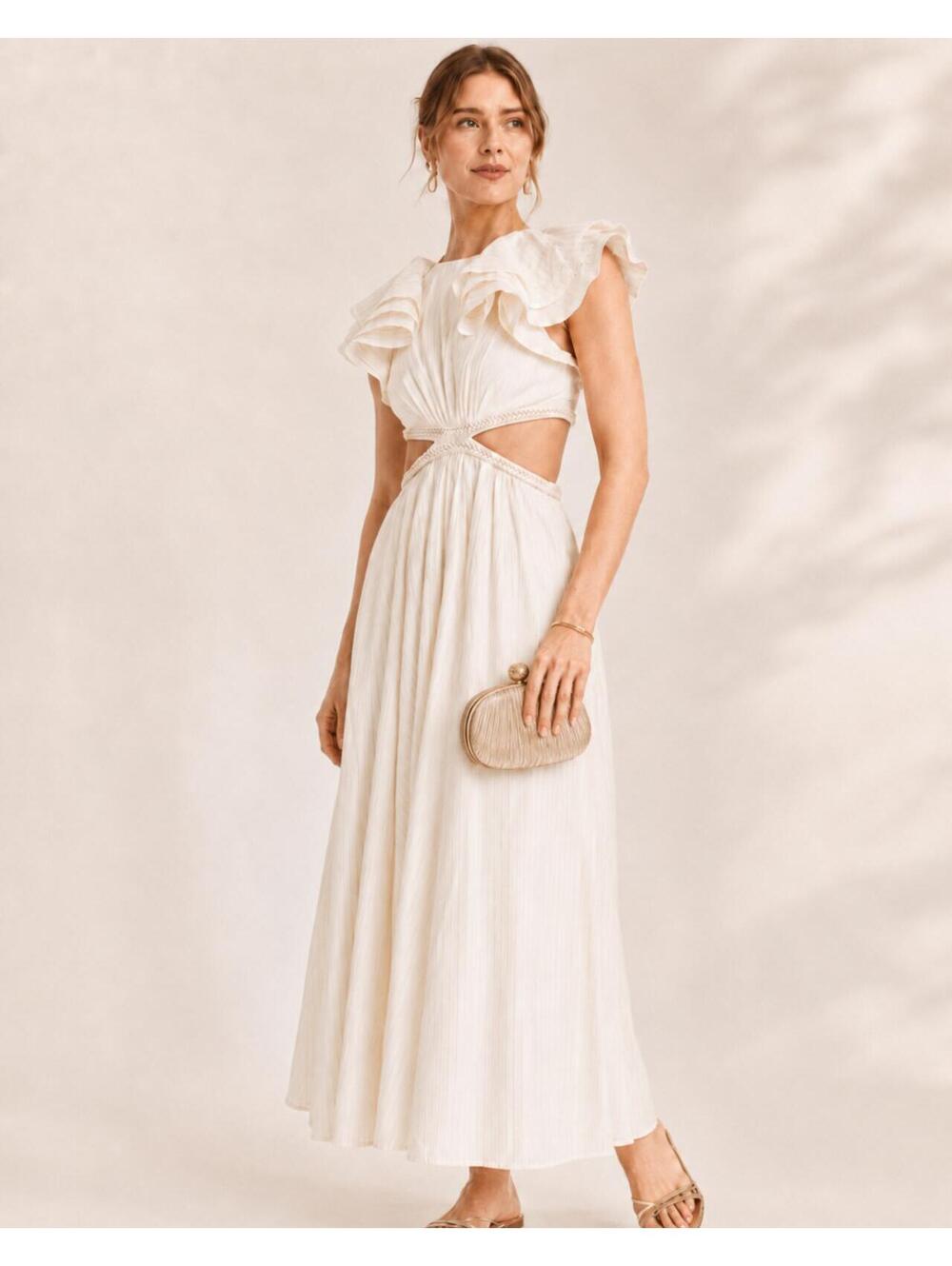Zimmermann Anneke Cut Out Ruffle Maxi Dress Ivory Metallic Size 3 US 10 | NWT